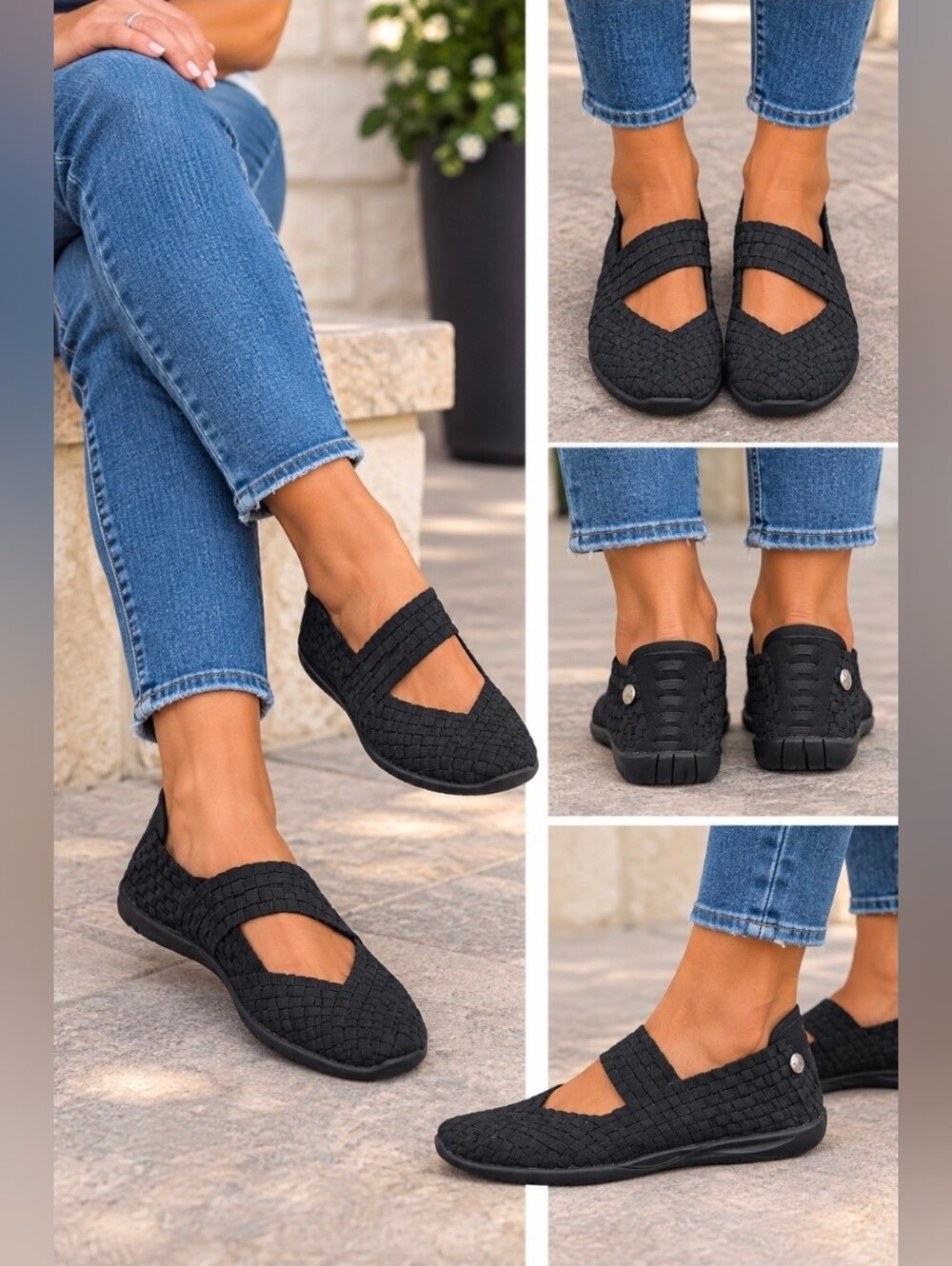 bernie mev. Black Woven Mary Jane-style Flats
